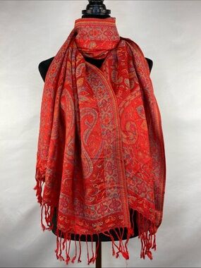 Bellissimo Red Paisley Boho Classic Fringe Scarf 78”X 28”